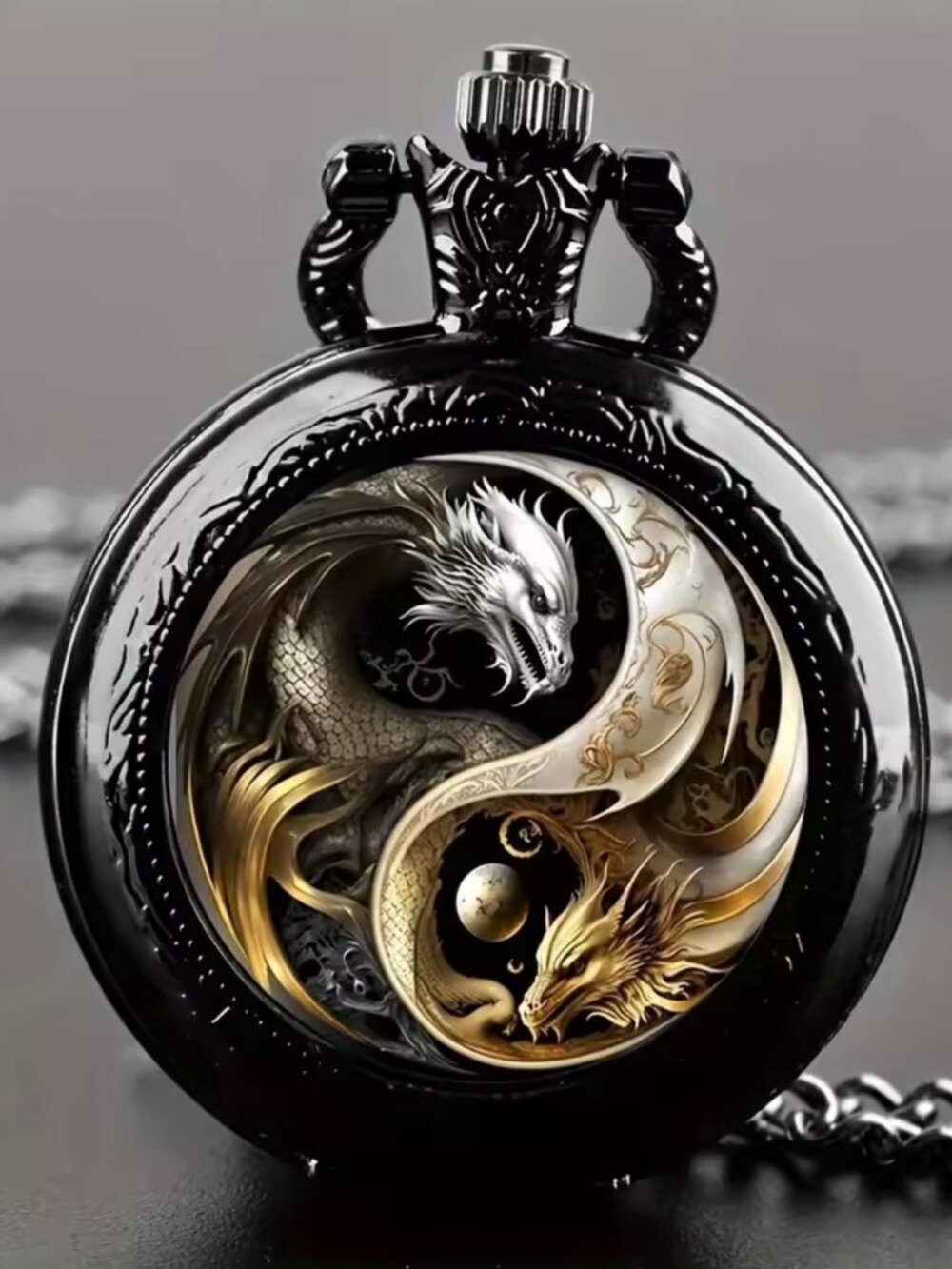 Retro Golden And Silvery Double Dragon Quartz Pocket Watch